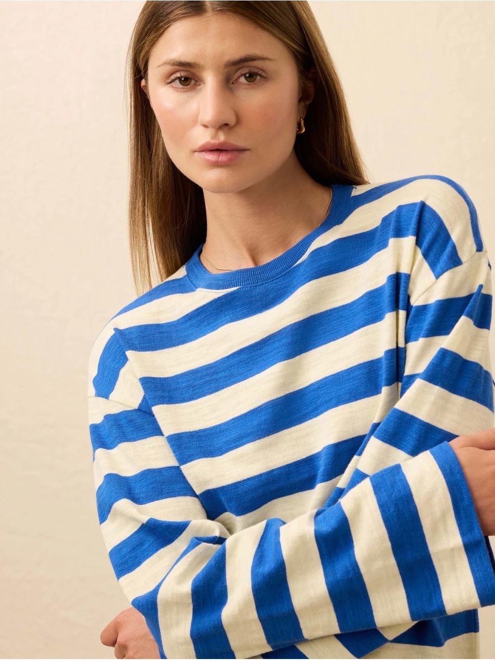 Faherty Striped Blue and Cream Long-Sleeve Women's Top